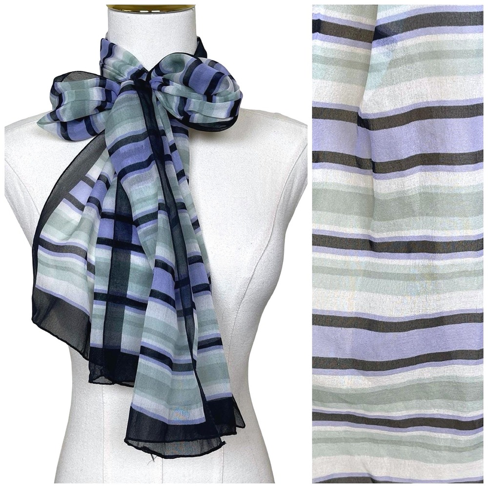 Vintage Striped Chiffon Scarf Women Purple Green Blue Sheer Retro